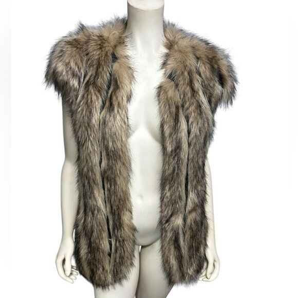 Design Lab Lord & Taylor Faux Fur Vest Tan and Brown Lined Fake Fur Vest Small - Picture 2 of 12